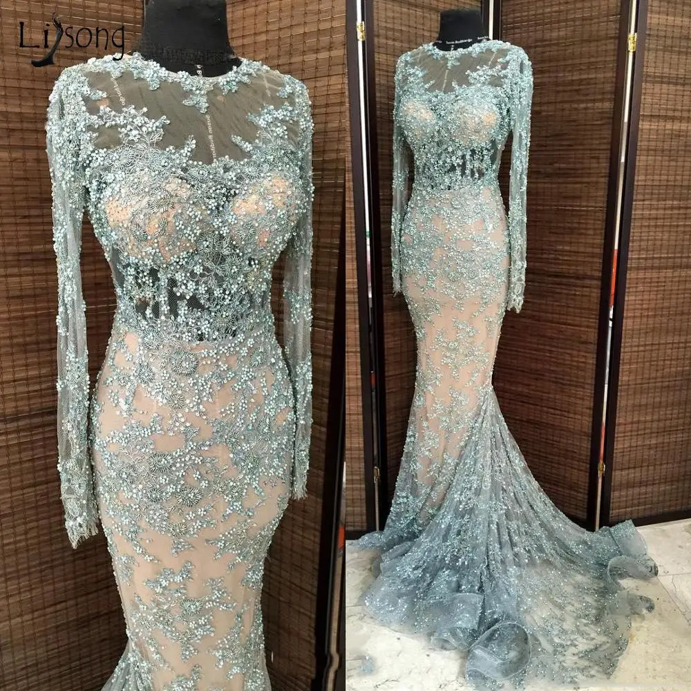 

Elegant Floral Lace Mermaid Evening Dresses Full Sleeves Pearls Appliques Ruffles Long Prom Gowns Nude Lining Abendkleider
