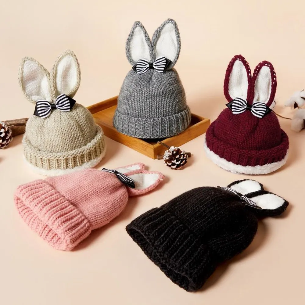 Трикотажные Милые шляпки шляпа осень-зима детская кашемировая шапка бантик в