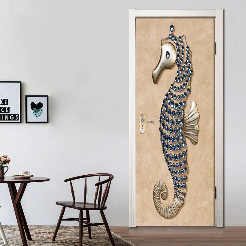3D наклейка на дверь ПВХ Самоклеящиеся стерео украшения морская лошадь обои