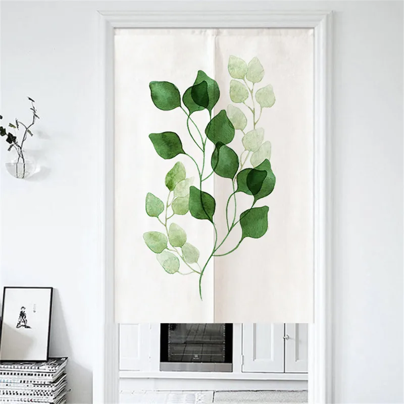 

Door Curtain Cotton Hemp Leaves Pattern Partition Curtain Household Kitchen Bedroom Toilet Curtain Without Punching