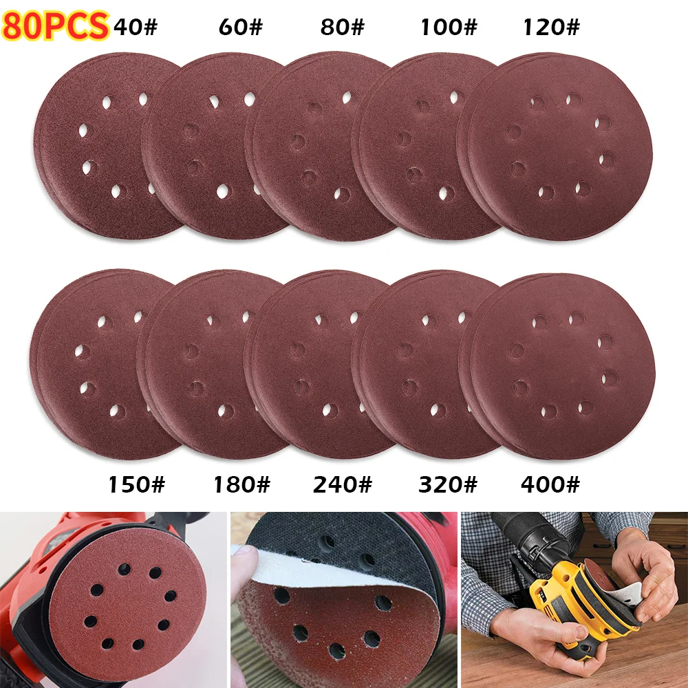

Круглые наждачные диски, 80 шт., 5 дюймов, 125 мм, 8 отверстий, листы песка, Зернистость 40-400, полировочные диски с крючком и петлей, Аксессуары dremel