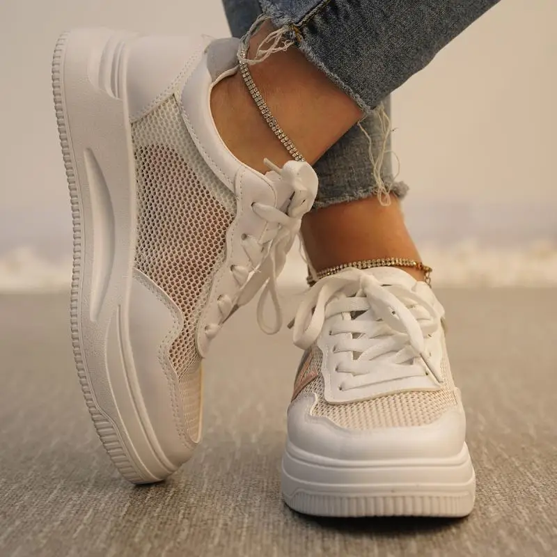 

Women Vulcanize Shoes Mesh Hollow Fashion Solid Color Lace Up Flat Ladies Sneakers 2021 New Summer Casual Comfy Female Footwear