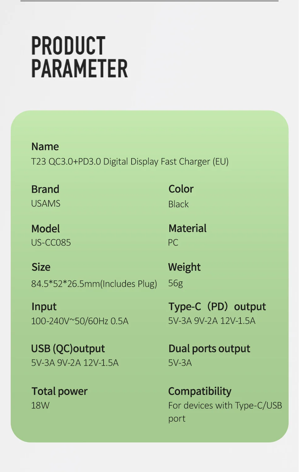 USAMS Quick Charge 3,0 USB зарядное устройство светодиодный дисплей 18 Вт QC3.0 PD 3,0 быстрое зарядное устройство для iPhone iPad Pro двойные порты, для мобильных телефонов зарядное устройство