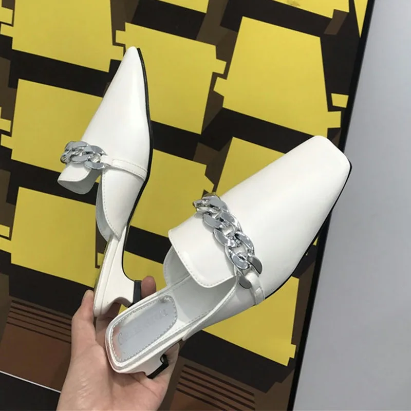 

Шлепанцы женские с круглым носком, металлическая цепочка, низкий каблук, сланцы, модная повседневная Уличная обувь, мюли, 2021