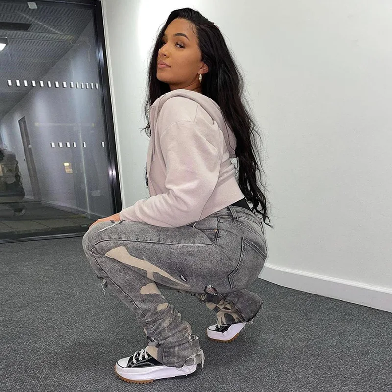 

Весна, лето и осень, женская одежда с высокой талией, тонкие прямые рваные повседневные джинсы с принтом в уличном стиле