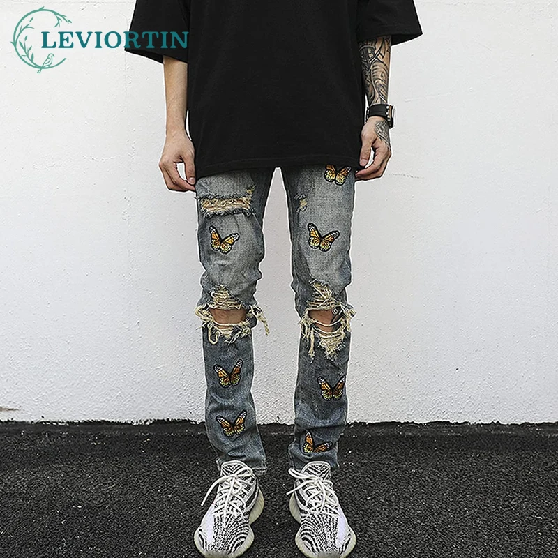 

Dark Butterfly Embroidery Jeans Men High Street Men's Denim Pants Jeans Men's Clothing Jeans Men's Clothing Jeans