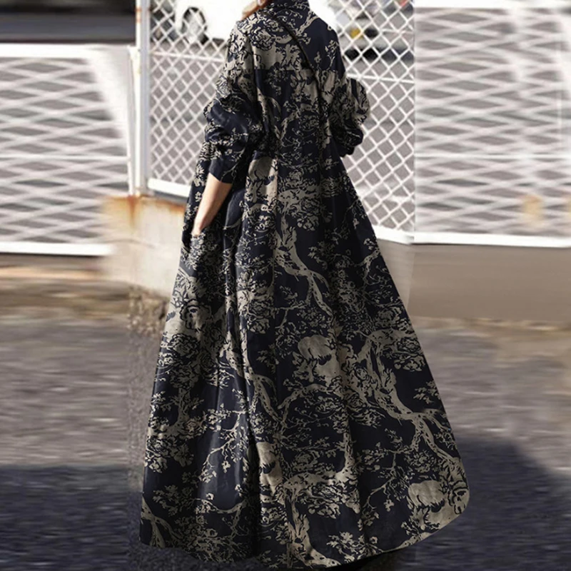 Autumn Printed Retro Ethnic Style Loose Large Size Muslim Women's Long Skirt Abaya Islamic Middle East Ramadan Fashion Dress