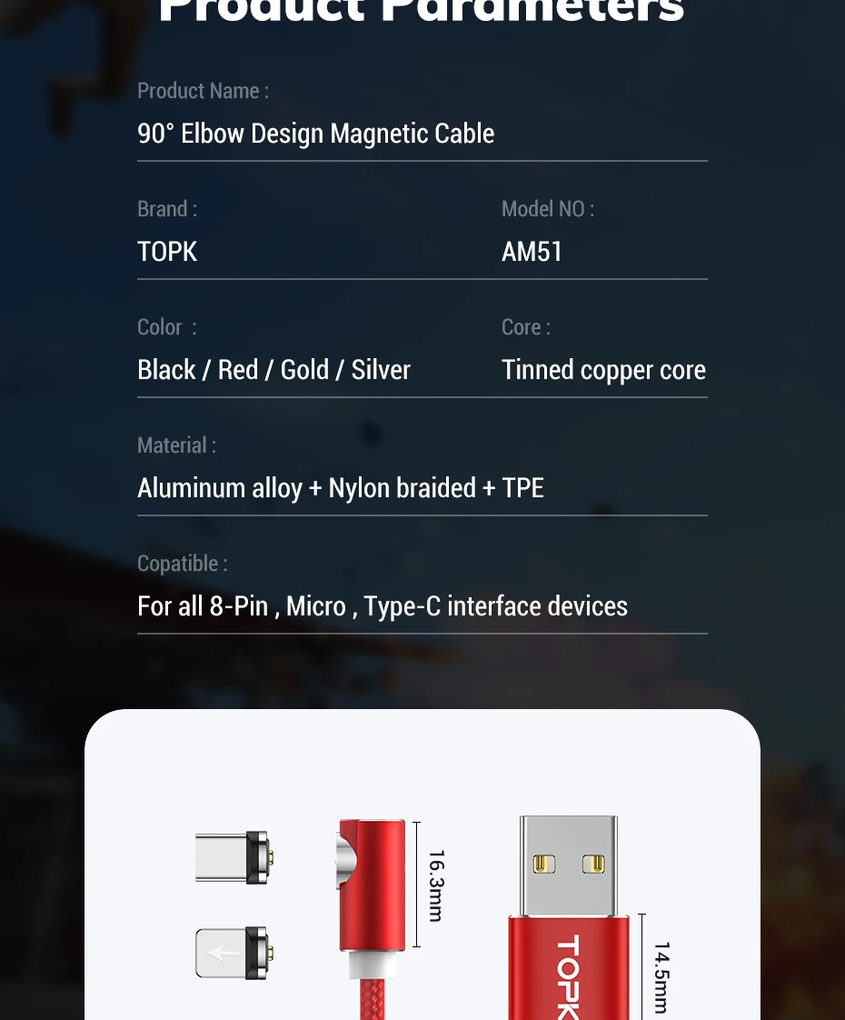 TOPK 2 м Магнитный Micro USB кабель для iPhone samsung huawei usb type C Магнитный зарядный кабель USB C кабели для мобильных телефонов
