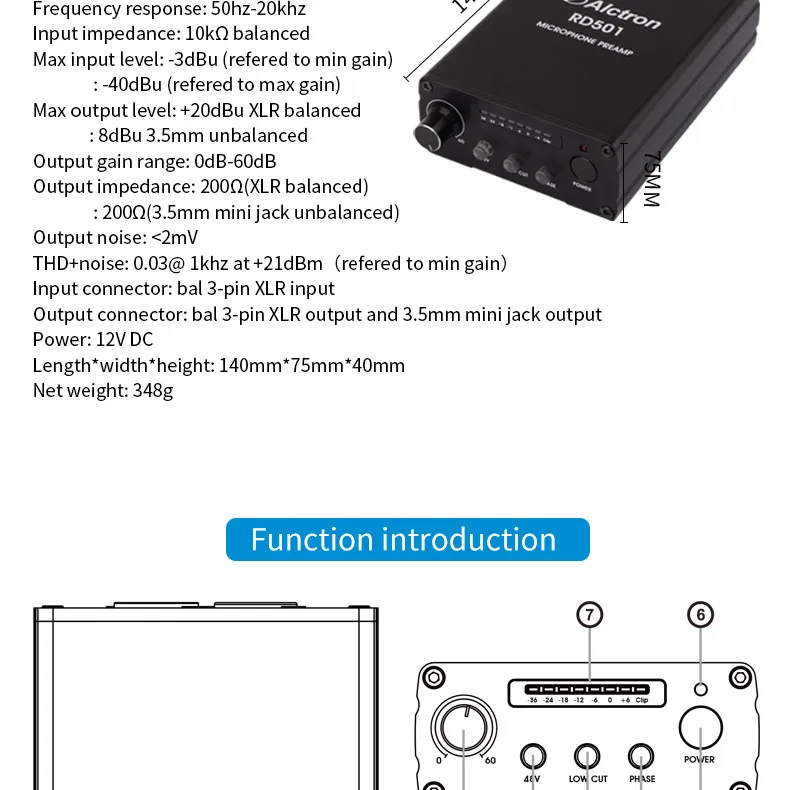 Alctron RD501 Многофункциональный одноканальный микрофонный предусилитель для записи в переключатель фаз, 48В, низкий разрез переключатель