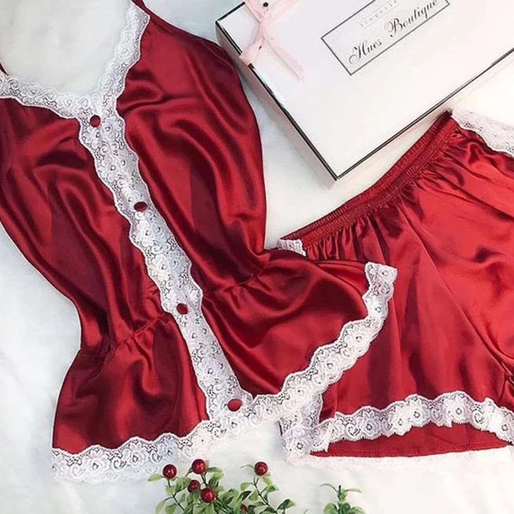 Красная женская пижама Сексуальный Атласный пижамный комплект кружевной топ на
