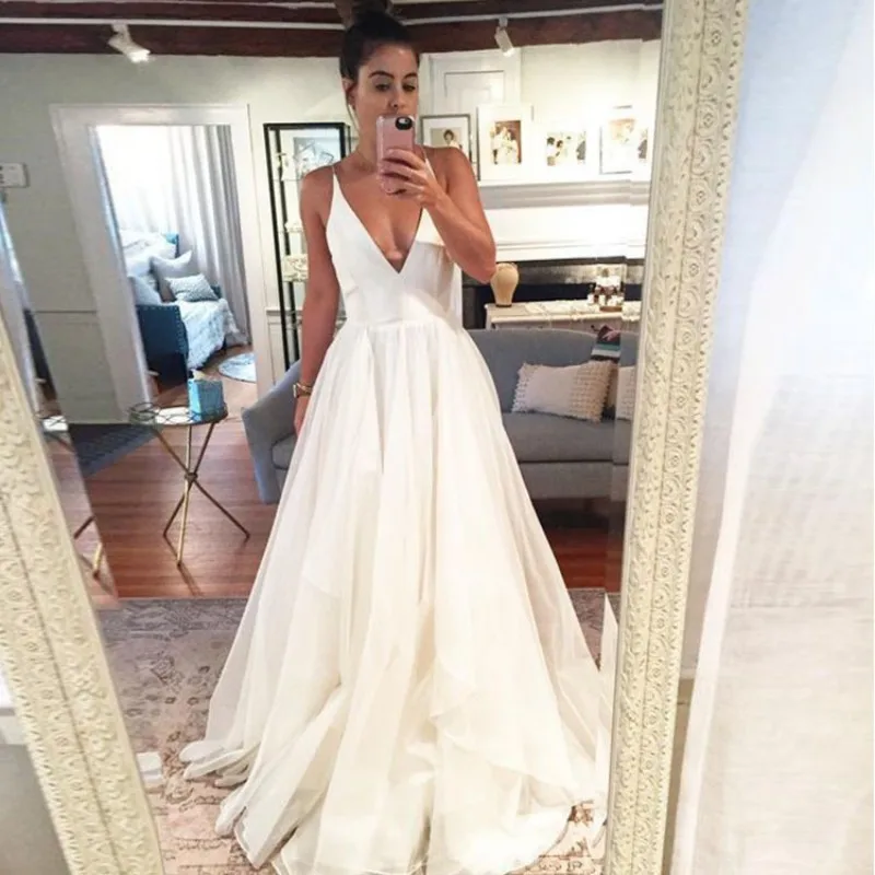 V-Neck A Line выходные платья без рукавов вечернее платье белое с открытой спиной Vestido