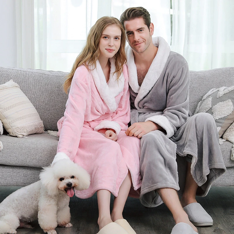 

2020 Winter Warm Flannel Robes Coral Fleece Long Bathrobe Women Pajamas Men Kimono Bath Robe Bridesmaid Sexy Dressing Gown