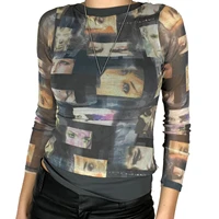 new women sheer mesh tops stylish long sleeve portrait print crew neck slim fit t shirts