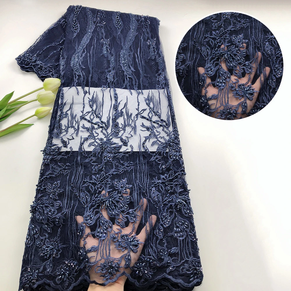 Африканская французская сетчатая кружевная ткань с жемчугом Высококачественная