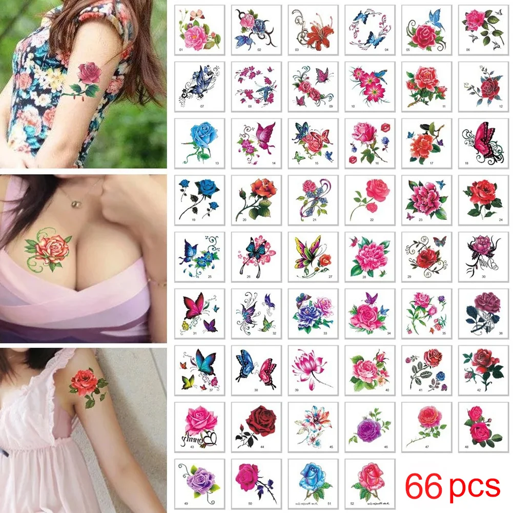 66 шт./компл. Сексуальная Роза цветок временная татуировка Горячая маленькая