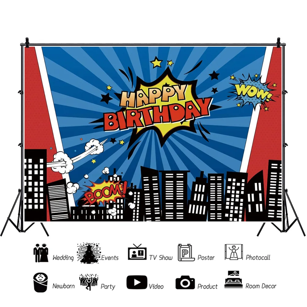 

Фон для фотосъемки детей с изображением высоких зданий героев синего и красного цвета