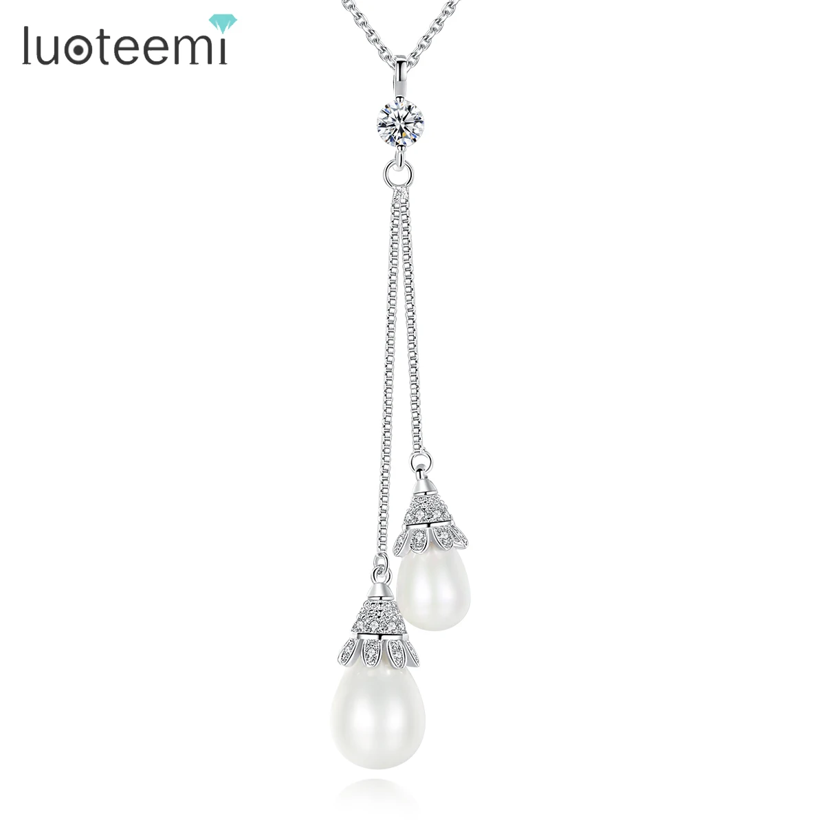 

LUOTEEMI New Fashion White Gold Color Two Pearls Necklace for Women Link Chain Fancy Waterdrop Pendant Necklace Bijoux gift