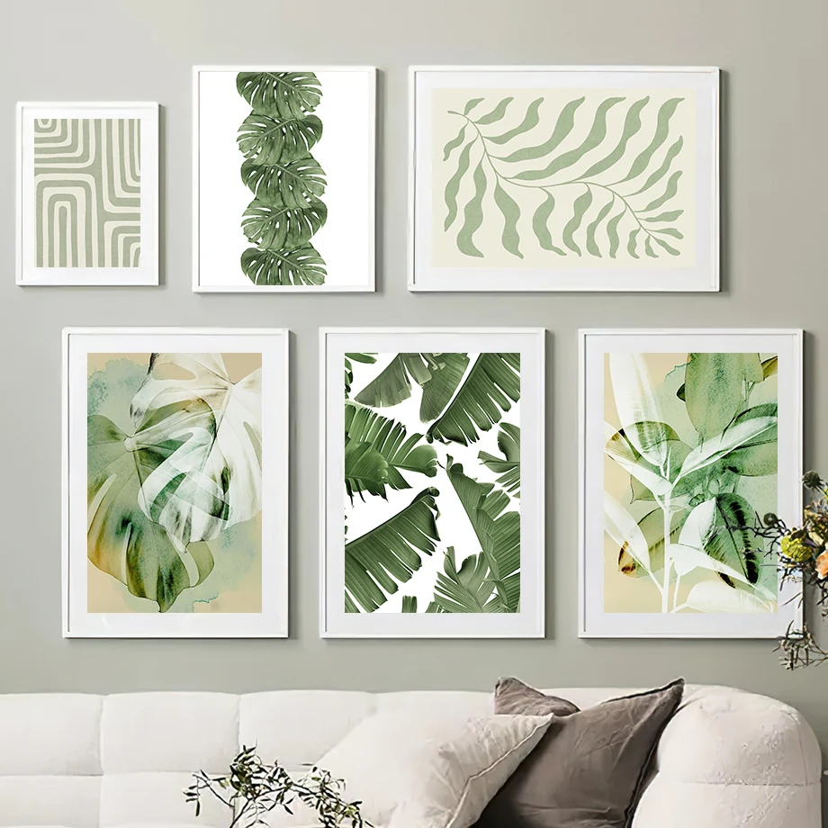 Абстрактная Настенная картина с зелеными листьями пальмы и оленем скандинавские