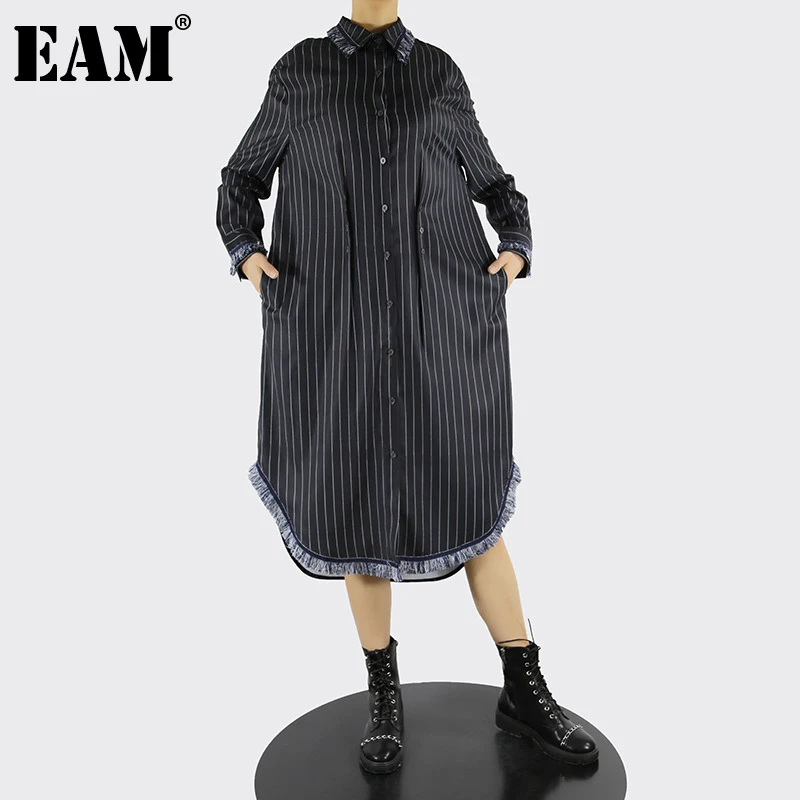 

[EAM] Women Black Striped Big Size Long Shirt Dress New Lapel Long Sleeve Loose Fit Fashion Tide Spring Autumn 2022 1DE5902