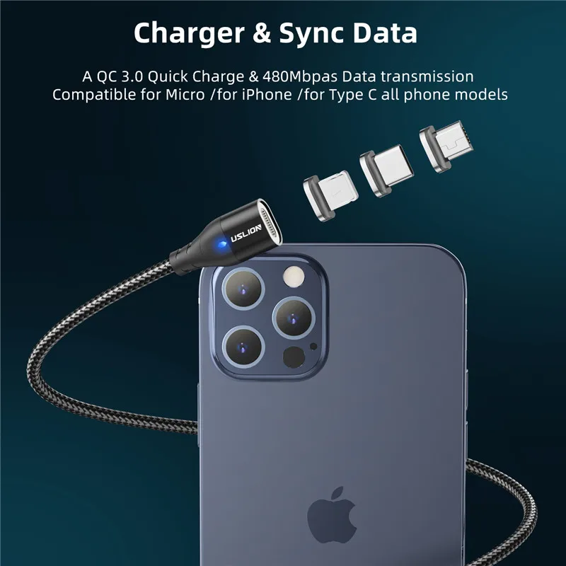 USLION 540 Rotation LED Magnetic Micro Data Cable USB A To Type C 3A Fast Charging Wire For iPhone 13 12 Pro Max Samsung Xiaomi