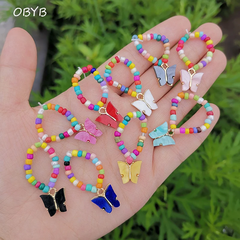 

OBYB Cute Butterfly Rings for Women Trendy Bohemian Handmade Beads Chain Finger Rings Adjustable Girls Rings Wholesale Gift