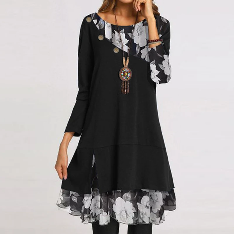 2021 Hot Selling Women Fashion Chiffon Printed Loose Plus Size Dress  Print Leisure Style Tunic Elegant Long Sleeve Dresses