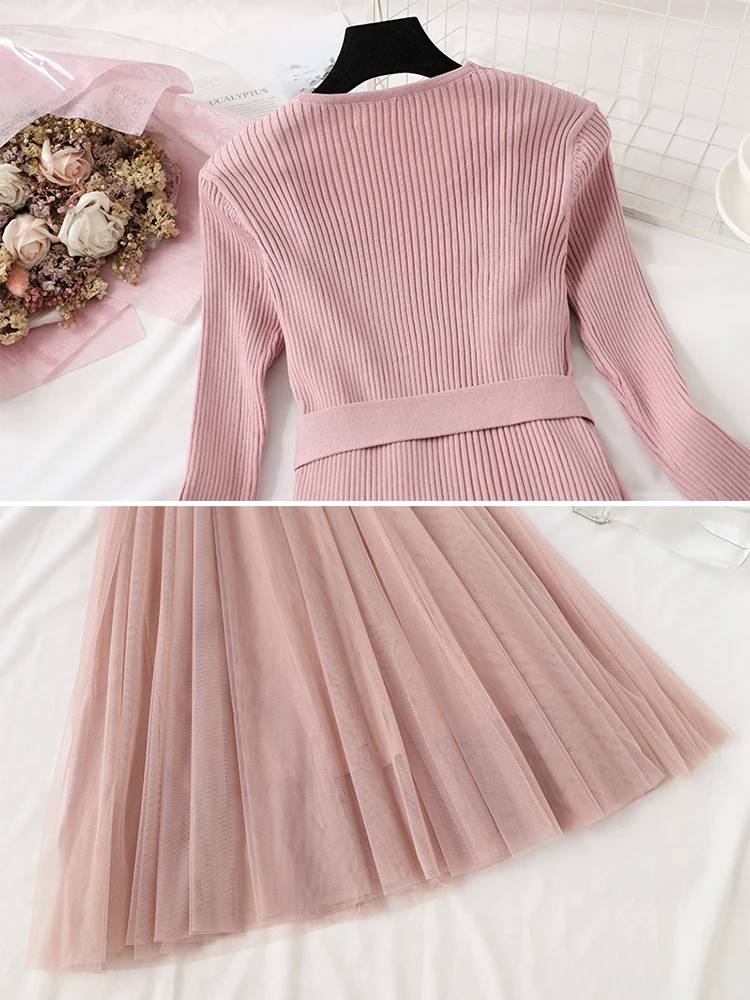 

2020 new knitted dress, elegant autumn and winter long-sleeved sweater mesh patchwork female dress, office casual long dress