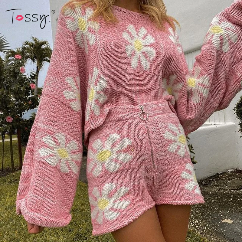 Tossy Knitted Women's 2 Piece Sets Outfits Casual Pink Floral Sweet Oversized Sweater Suit With Shorts For Women 2022 Tracksuit