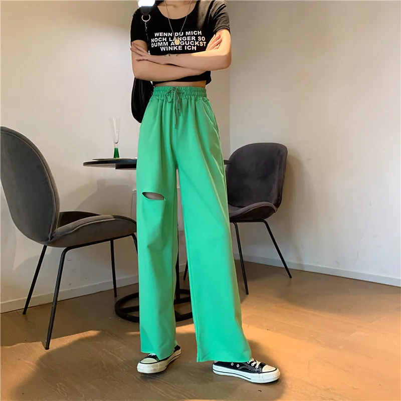 

20201new summer Korean women's elastic drawstring design sense hole wide leg mop trousers women
