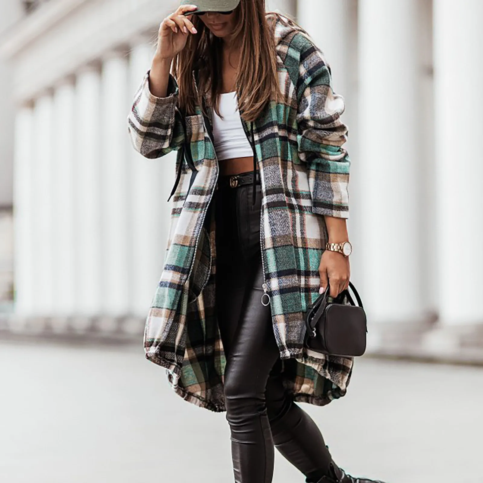 

Женская шерстяная куртка в клетку, Повседневная модная куртка средней длины на молнии с капюшоном и длинными рукавами, удобная и теплая кур...