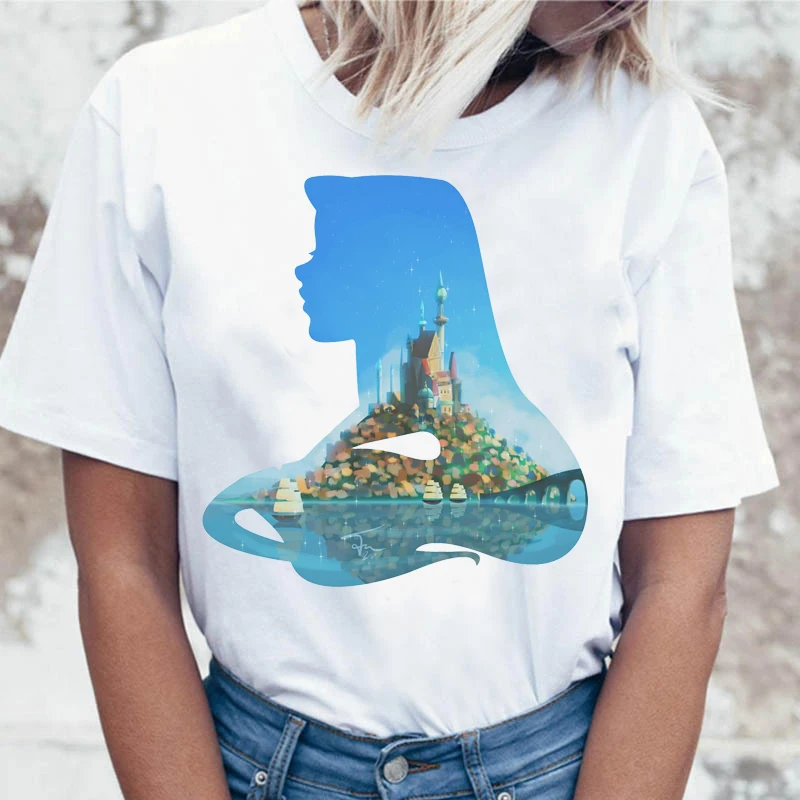 

Princess Castle Disney T-shirt Casual Female Funny Short Sleeve Creative Beauty Landscape Silhouette Printing Women Tee Top