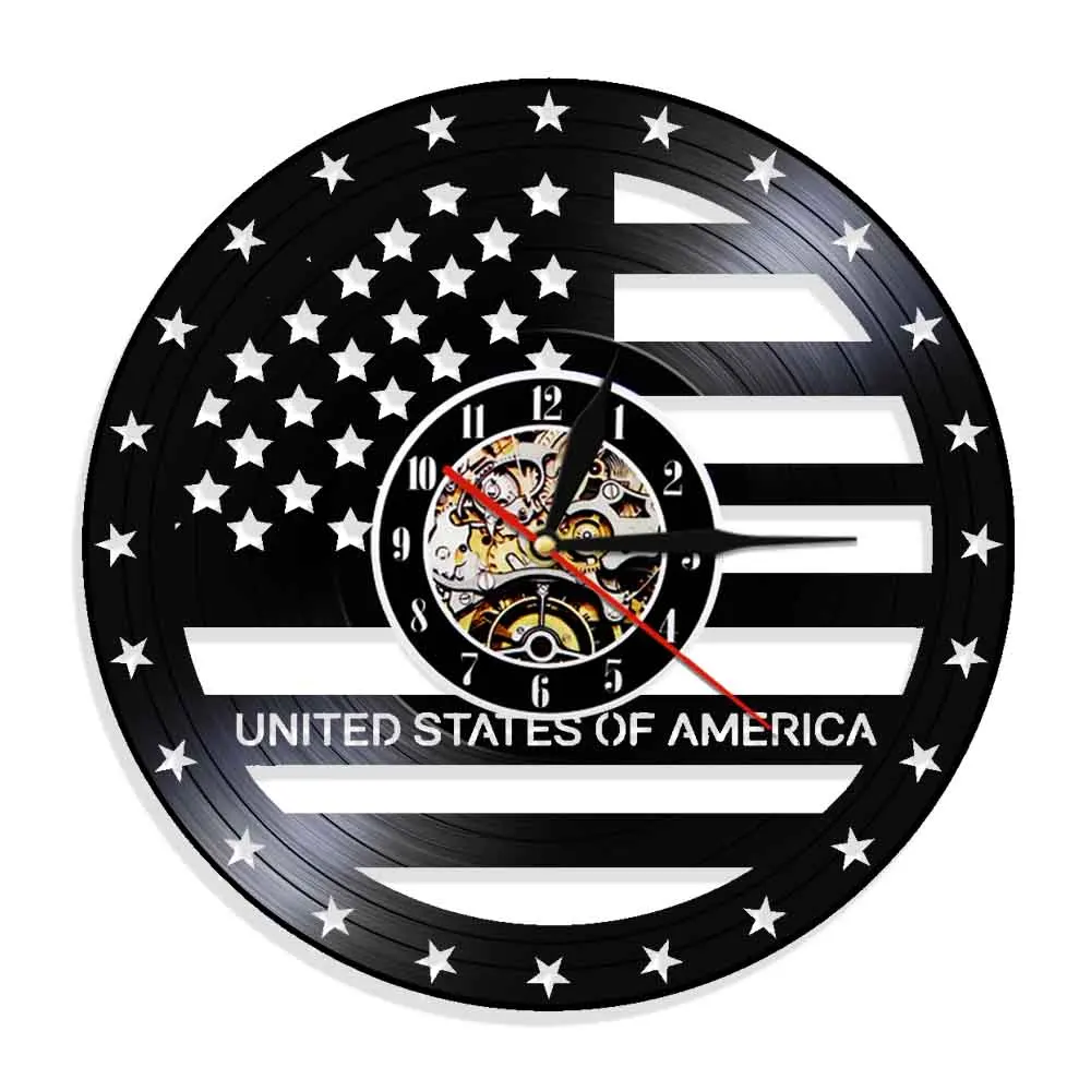 Hollow USA Flag Vinyl Record Wall Clock United States Of America Hanging Watches Vintage USA Stars Strips Flag Shape Decor