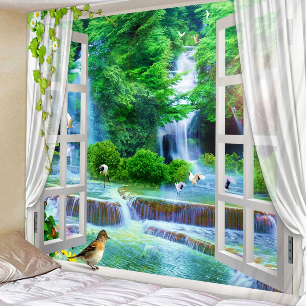 

1Pc 150x130cm Outside Window Landscape Hanging Blanket Unique Charming Scenery Tapestry Household Decorative Backdrop