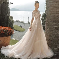 verngo vintage light champagne lace applique wedding dress long sleeve sheer neck tulle princess a line 2021 bride gowns