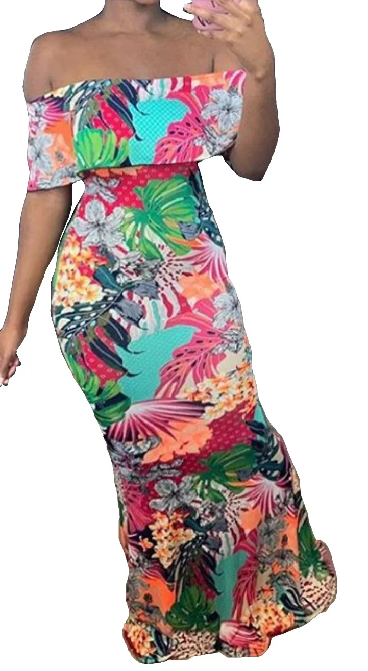 Женское платье рубашка с открытыми плечами длинное приталенное разноцветным