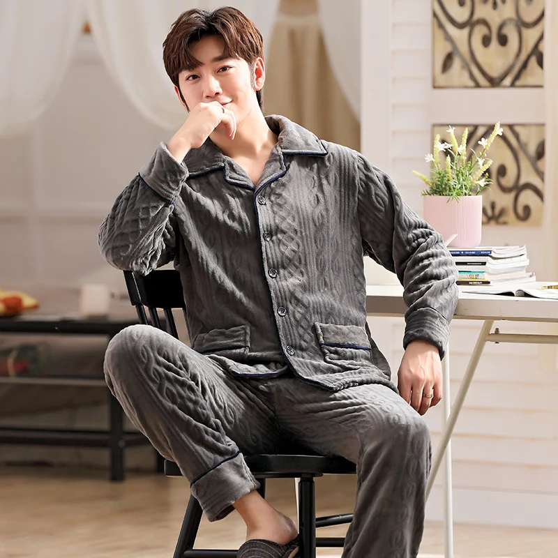 New autumn and winter thickened flannel men's pajamas warm and comfortable cardigan simple leisure home wear set