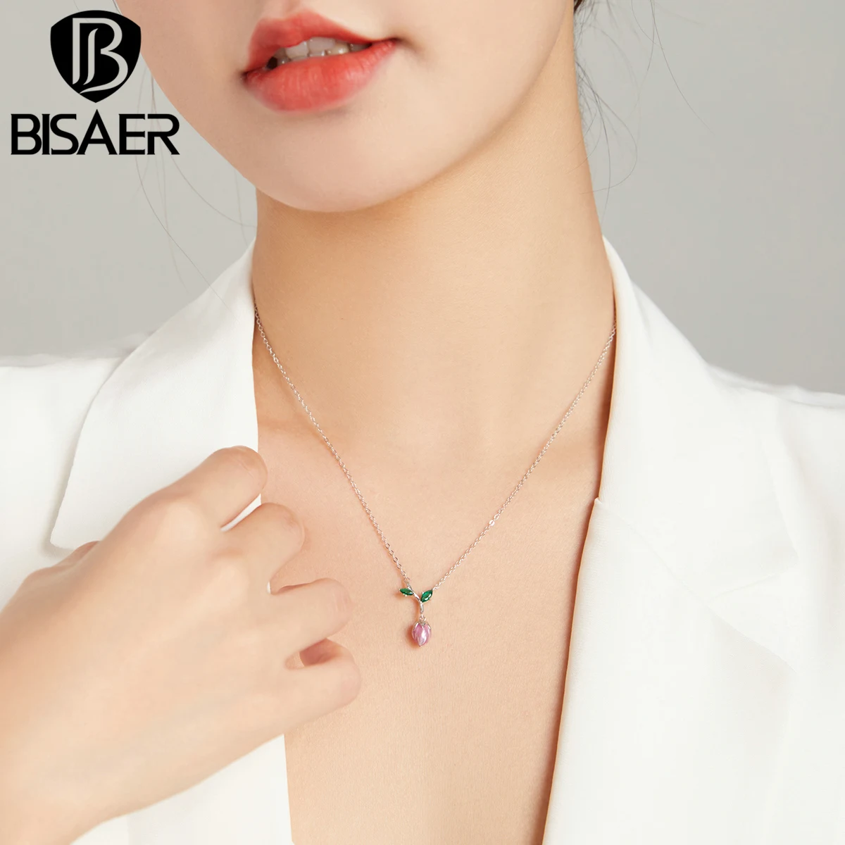 

Bisaer 925 Sterling Silver Pink Budding Flowers Necklaces & Bracelets & Earrings & Ring Silver Jewelry Sets Gift HPS224