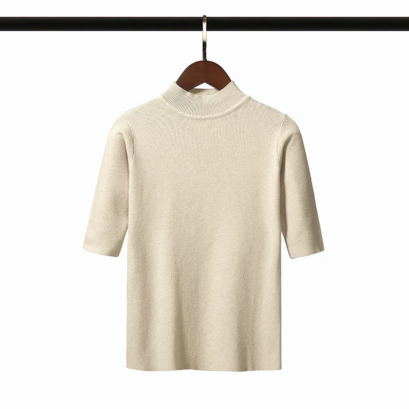 

Spring Summer Mid Sleeve Knit Top Blouse Short Sleeve T Shirt Female Half High Collar Five-minute Sleeve Sweater Women Clothing