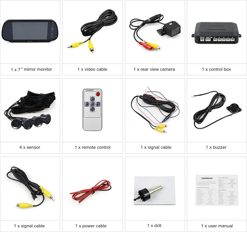 DIYKIT 7 дюймов зеркало заднего вида автомобиля монитор+ видео-радар для парковки+ ИК ночного видения Автомобильная камера вспомогательный парковочный датчик системы