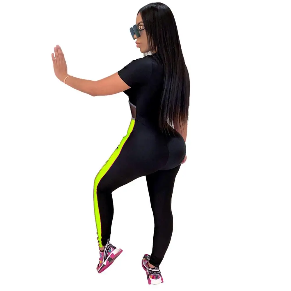 

Summer Autumn New Listing Patchwork Jumpsuits Women Sports Nigthclub See Through Mesh Short Sleeves Skinny Rompers 2020 Fashion