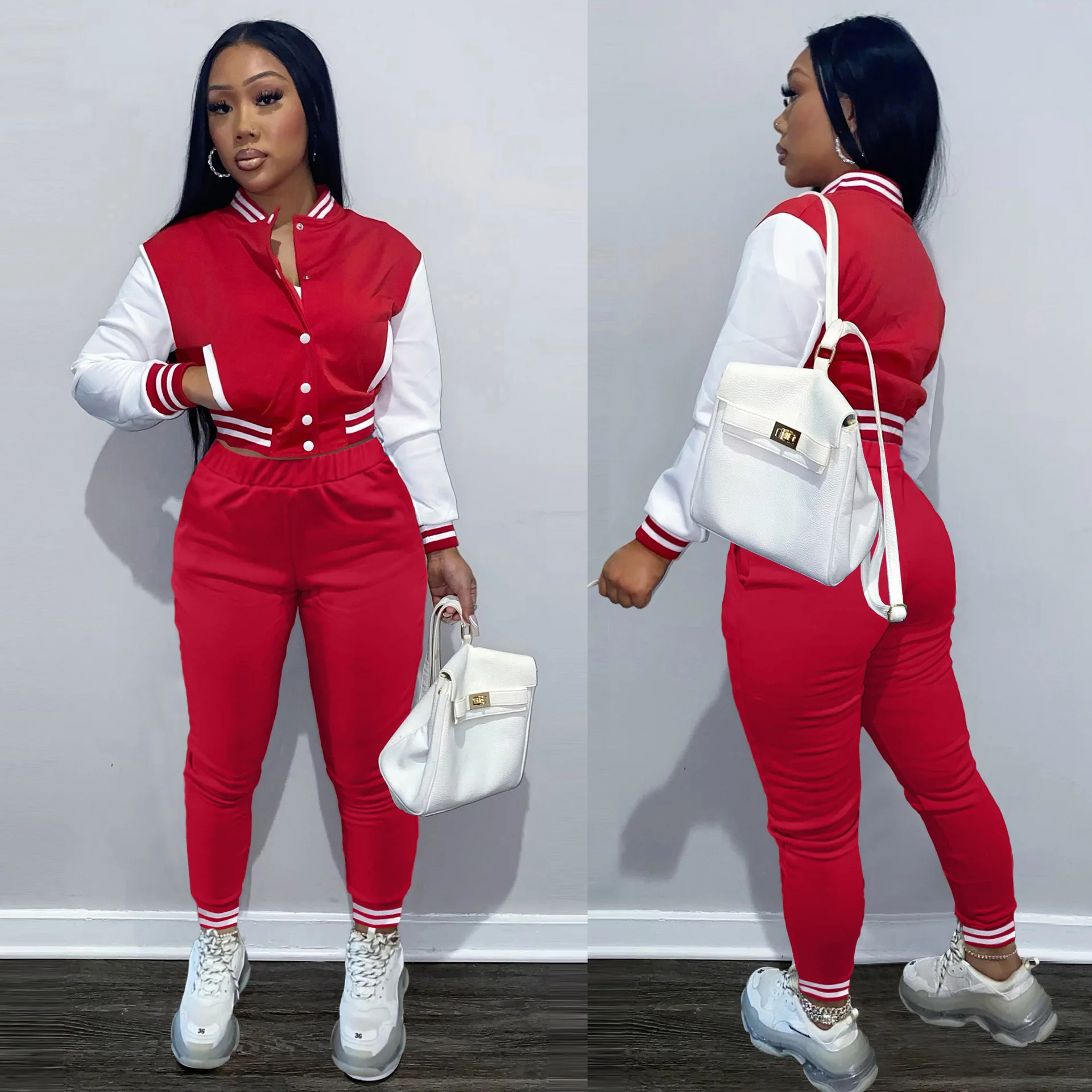 

Coffeehot Two Piece Set Women Tracksuit Baseball uniform Casual Matching Sets Sweatsuits Outfit Varsity jacket Crop Top Suits
