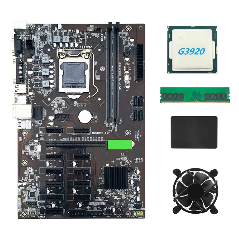 Материнская плата для майнинга B250 BTC с ЦП G3920 + вентилятор DDR4 4 Гб 2666 МГц ОЗУ 128G SSD