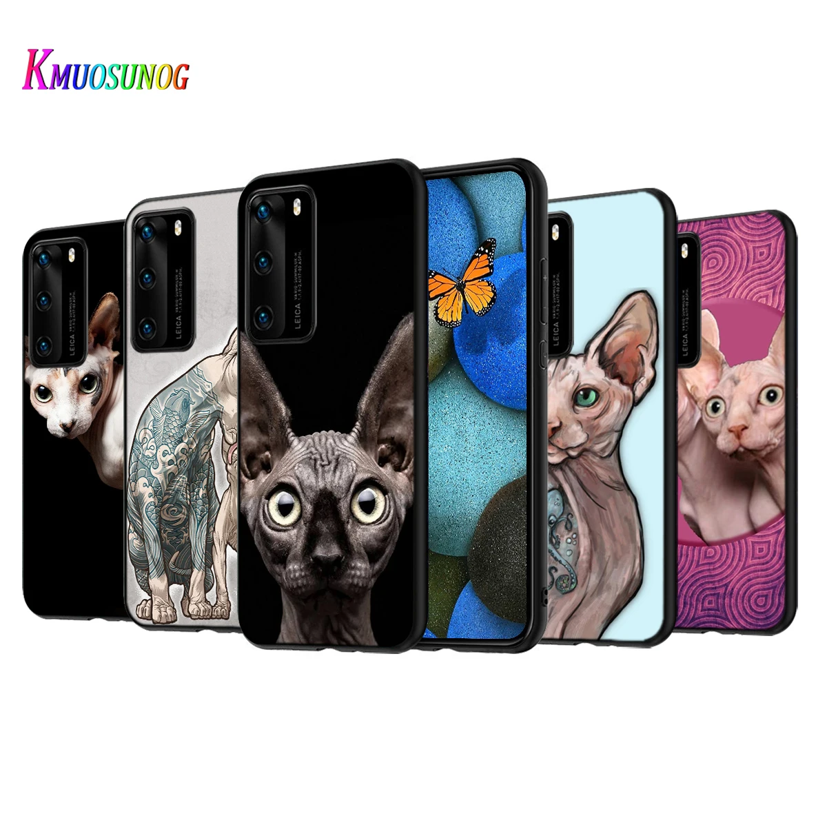 

Tattoo Sphinx Cat Silicone Cover For Huawei P50 P40 P30 P20 Pro P10 P9 F8 Lite E Plus 2016 5G Black TPU Phone Case