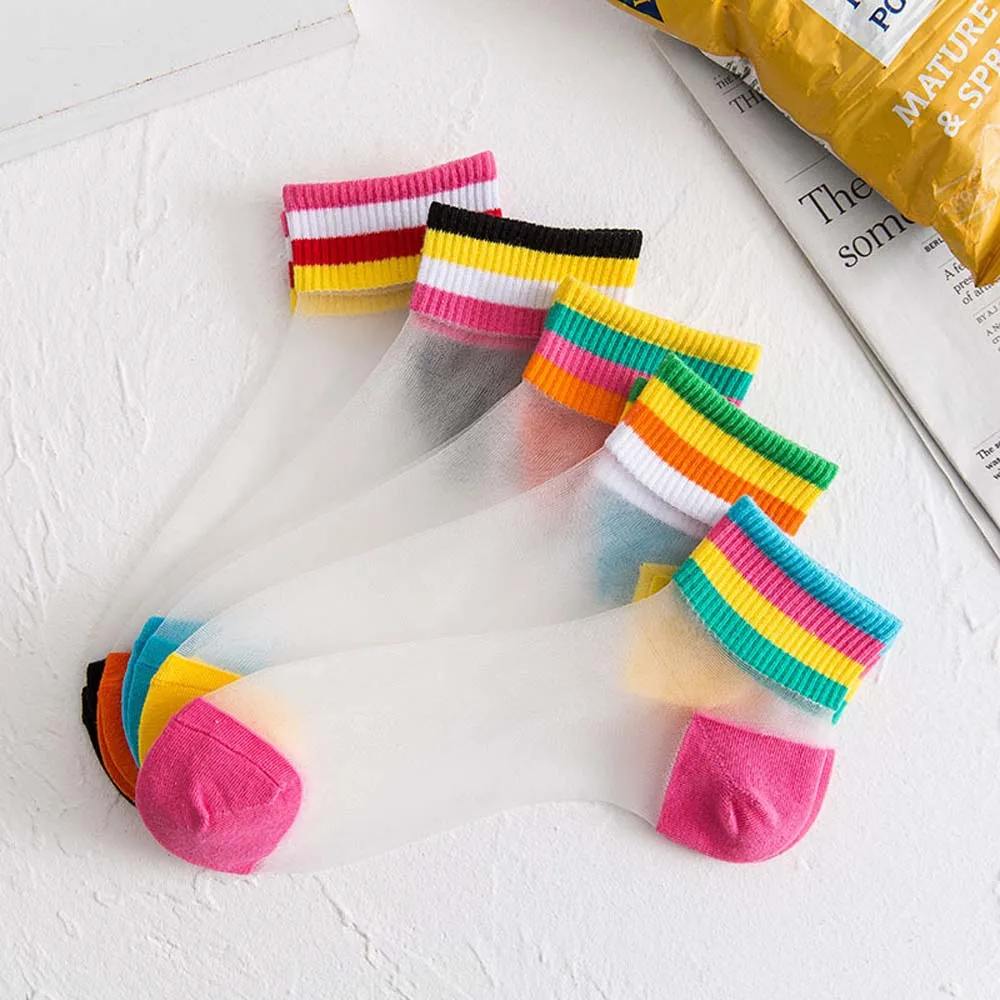Женские летние носки в радужную полоску прозрачные невидимые модные