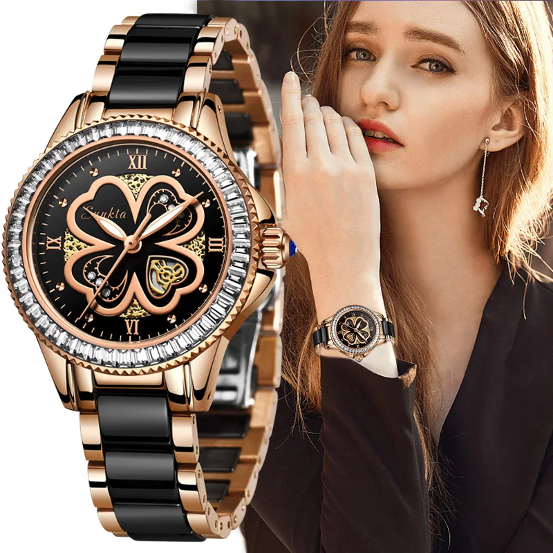 

SUNKTA Women Watches Women Dress Fashion Gifts Clocks Luxury Brand Quartz Ceramics Bracelet Wrist Watches For Women Montre Femme
