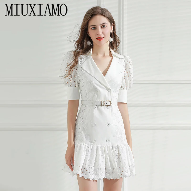 

MIUXIMAO 2021 Spring Summer Embroidery Hollow Out Fishtail Half Sleeve Elegant Casual Midi Dress Women Vestidos with Belt