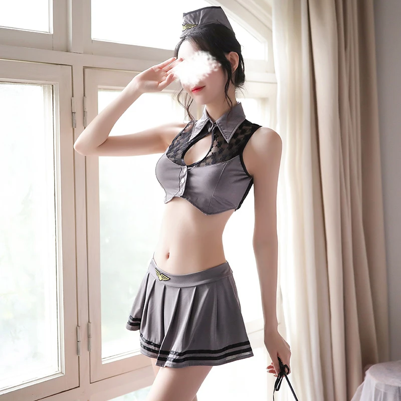 

Сексуальный костюм стюардессы, кружевной сетчатый топ, плиссированная мини-юбка, женское нижнее белье, Эротическая униформа для вечевечерн...