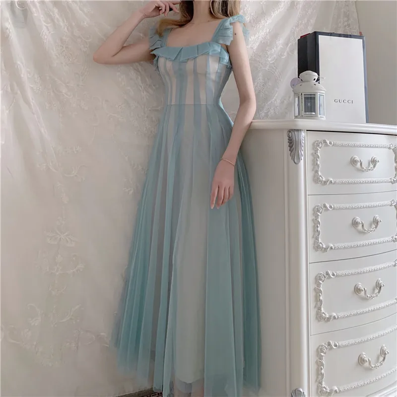 

Dress Sleeveless Square Collar A-line Sexy Skinny Mesh Long Vestidos Elegant French Chic Dresses