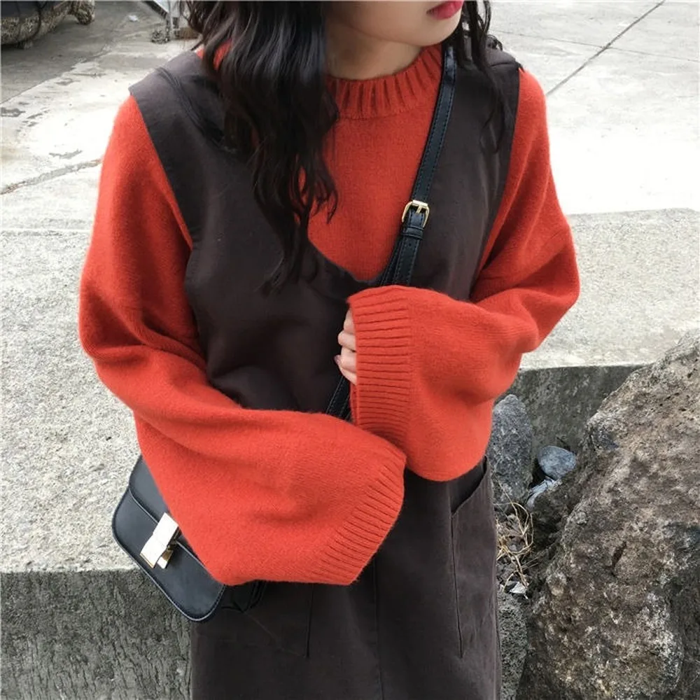 

Sweaters Women Temperament Chic Ulzzang Solid Flare Sleeve Trendy Ladies Sweater Winter Fall Soft Preppy Basic Woman Knitwear