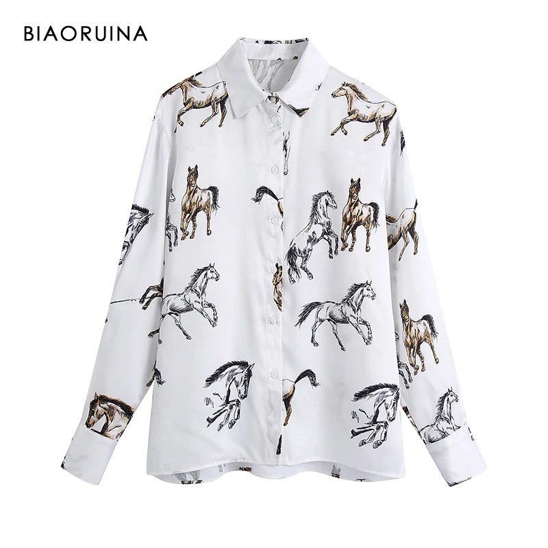 Женская Повседневная однобортная рубашка BIAORUINA с принтом лошадей свободная